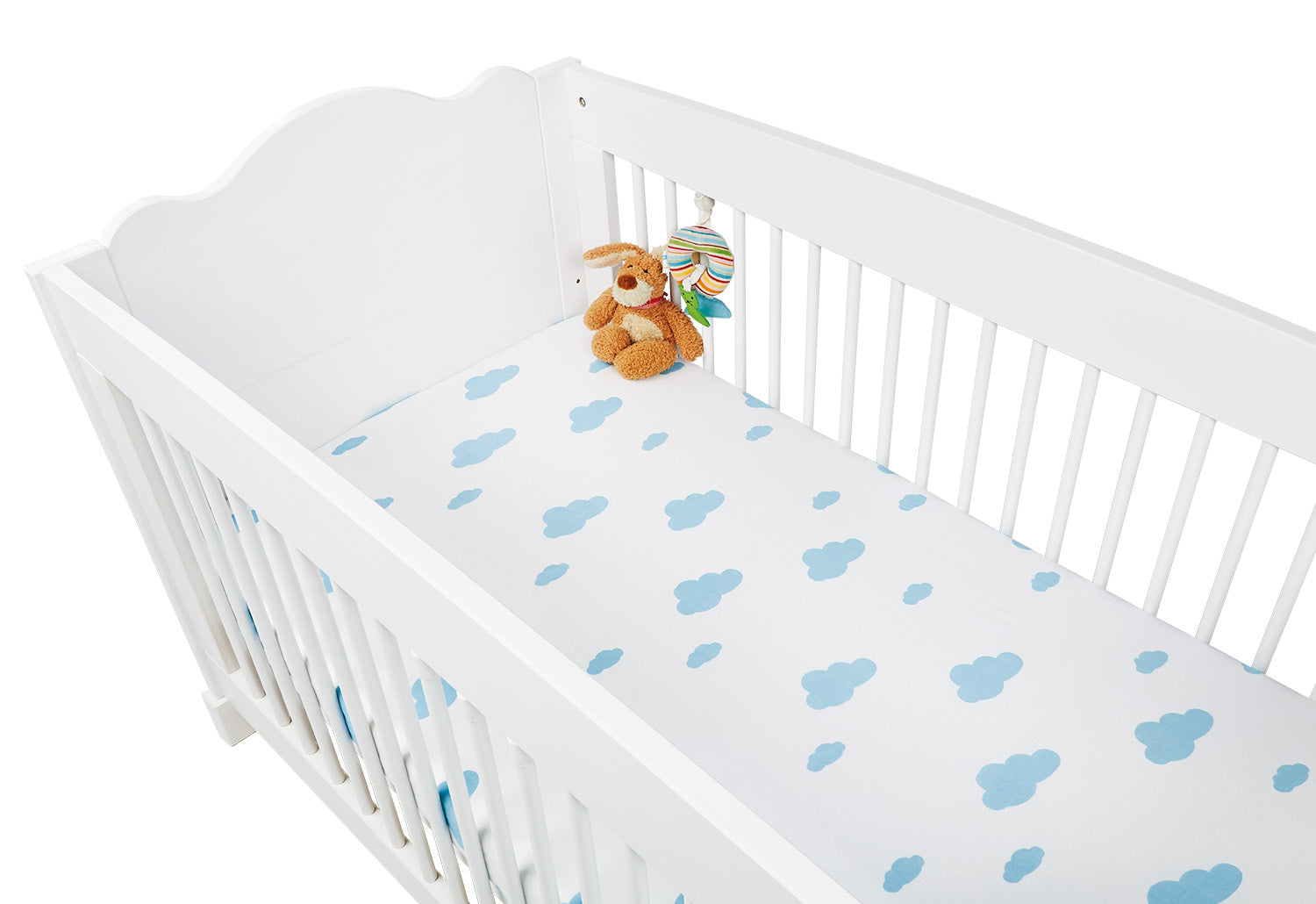 Draps-housses en jersey pour lits d'enfants en pack double « Nuages ​​», bleu clair et uni, blanc