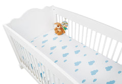 Draps-housses en jersey pour lits d'enfants en pack double « Nuages ​​», bleu clair et uni, blanc